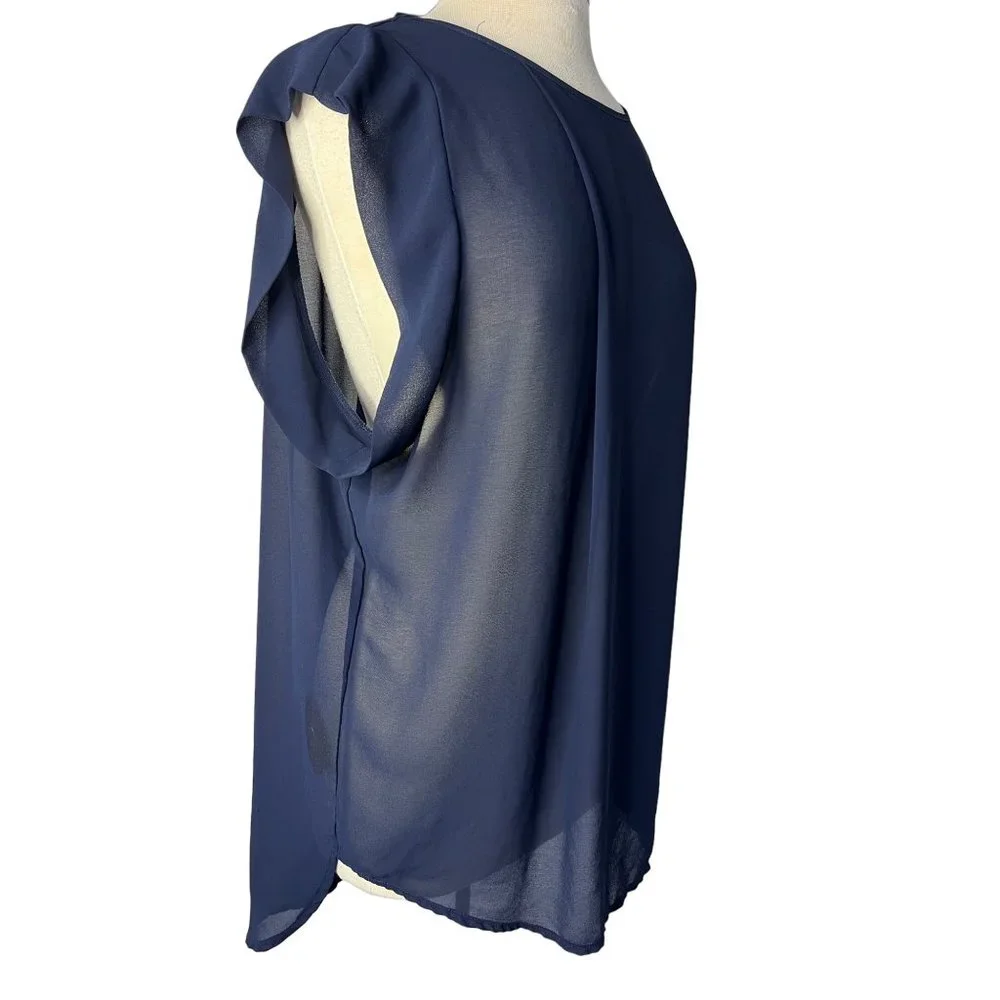 Costa Blanca Blouse Women's Blue Large Sheer Sleeveless Round Neck Hi-Lo Hem